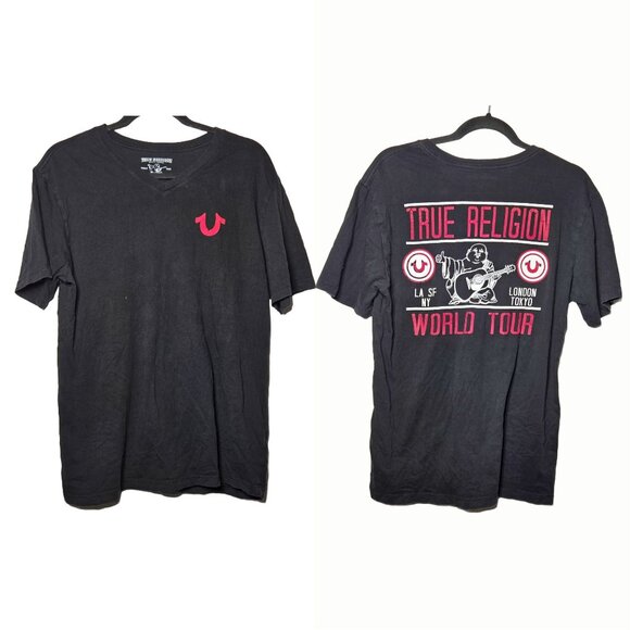 True Religion Mens Black World Tour Graphic Short Sleeve T-Shirt Size Medium - Picture 1 of 10
